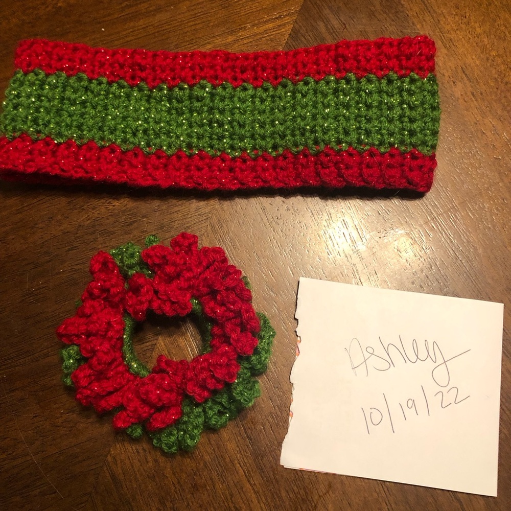 Handmade ear warmer headband with matching scrunchy.